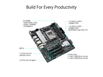 ASUS Prime B650M-A AX AMD B650(Ryzen 7000) Micro-ATX motherboard(DDR5, PCIe 5.0 M.2 support, 2.5Gb Ethernet, Wi-Fi 6, DisplayPort, HDMI ,USB 3.2 Gen 2 ports, front USB 3.2 Gen 1 Type-C, BIOS FlashBack, CEC Tier II ready)