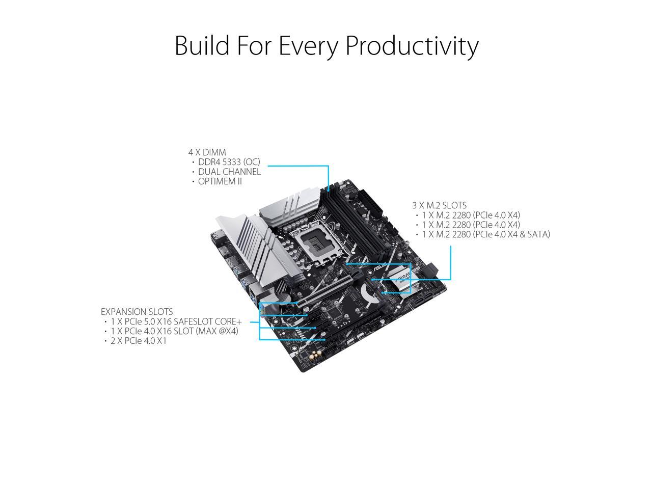 ASUS Prime Z790M-Plus D4 LGA 1700(Intel® 12th&13th Gen) microATX motherboard (PCIe® 5.0, 3xM.2 slots, 10+1 DrMOS, DDR4,1 Gb LAN, DP, USB 3.2 Gen 2x2 Type-C®, front USB 3.2 Gen 1 Type-C®, Thunderbolt™ (USB4®) support)