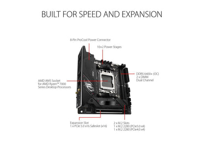 ASUS ROG STRIX B650E-I GAMING WIFI 6E Socket AM5 (LGA 1718) Ryzen 7000 Mini-ITX Gaming Motherboard (PCIe 5.0, DDR5, 10 + 2 Power Stages, two M.2 slots, USB 3.2 Gen 2x2 Type-C rear I/O port, Onboard WiFi 6E, and Aura Sync RGB Lighting)