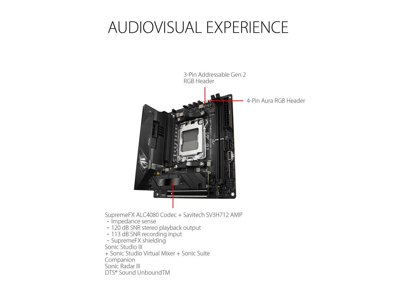 ASUS ROG STRIX B650E-I GAMING WIFI 6E Socket AM5 (LGA 1718) Ryzen 7000 Mini-ITX Gaming Motherboard (PCIe 5.0, DDR5, 10 + 2 Power Stages, two M.2 slots, USB 3.2 Gen 2x2 Type-C rear I/O port, Onboard WiFi 6E, and Aura Sync RGB Lighting)