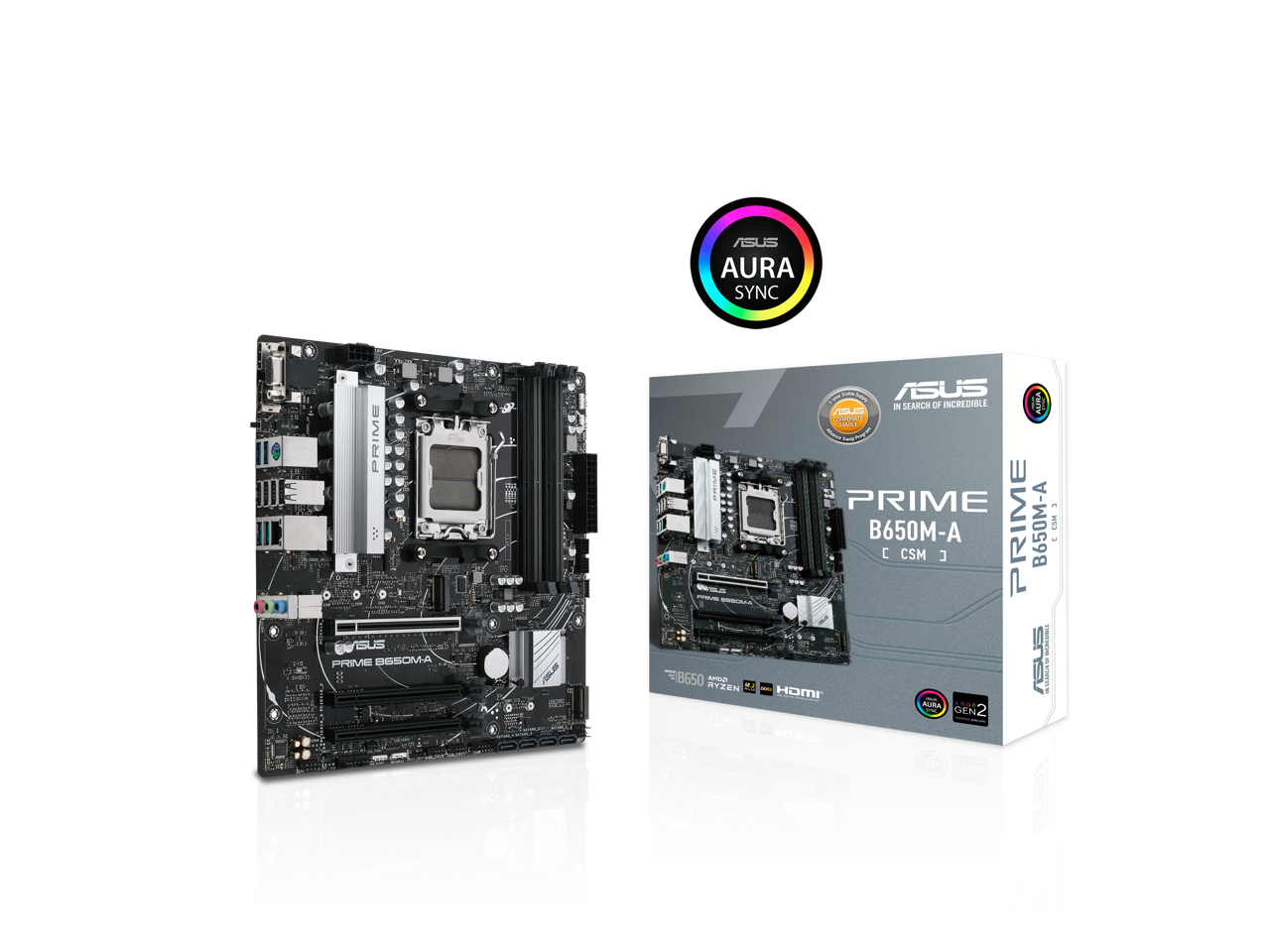 ASUS PRIME B650M-A-CSM Micro-ATX commercial motherboard, DDR5, PCIe 5.0 M.2 support, Realtek 2.5Gb Ethernet, DisplayPort, VGA, HDMI®, SATA 6 Gbps, USB 3.2 Gen 2 ports, front USB 3.2 Gen 1 Type-C®, BIOS FlashBack™, Arua Sync