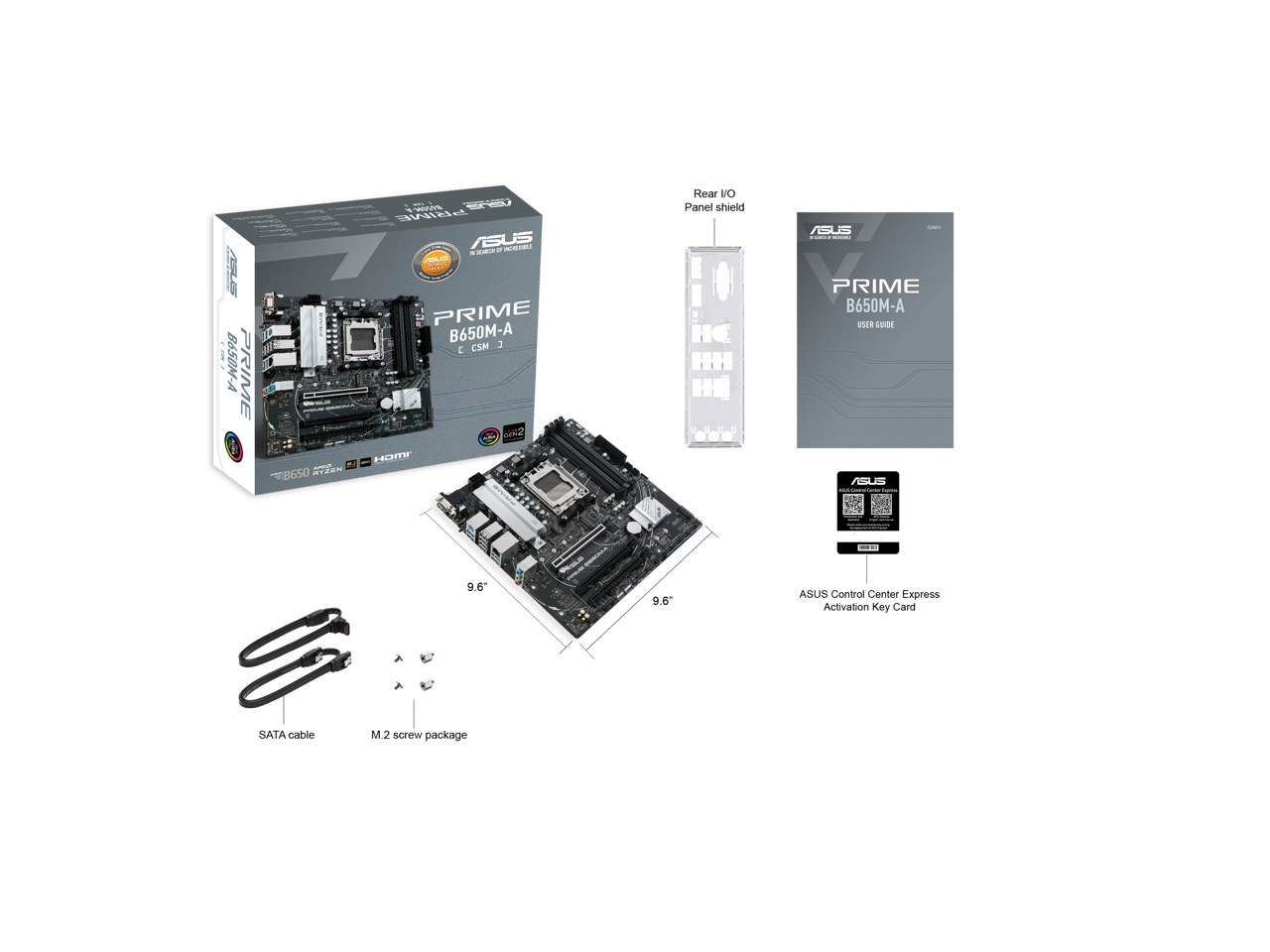 ASUS PRIME B650M-A-CSM Micro-ATX commercial motherboard, DDR5, PCIe 5.0 M.2 support, Realtek 2.5Gb Ethernet, DisplayPort, VGA, HDMI®, SATA 6 Gbps, USB 3.2 Gen 2 ports, front USB 3.2 Gen 1 Type-C®, BIOS FlashBack™, Arua Sync