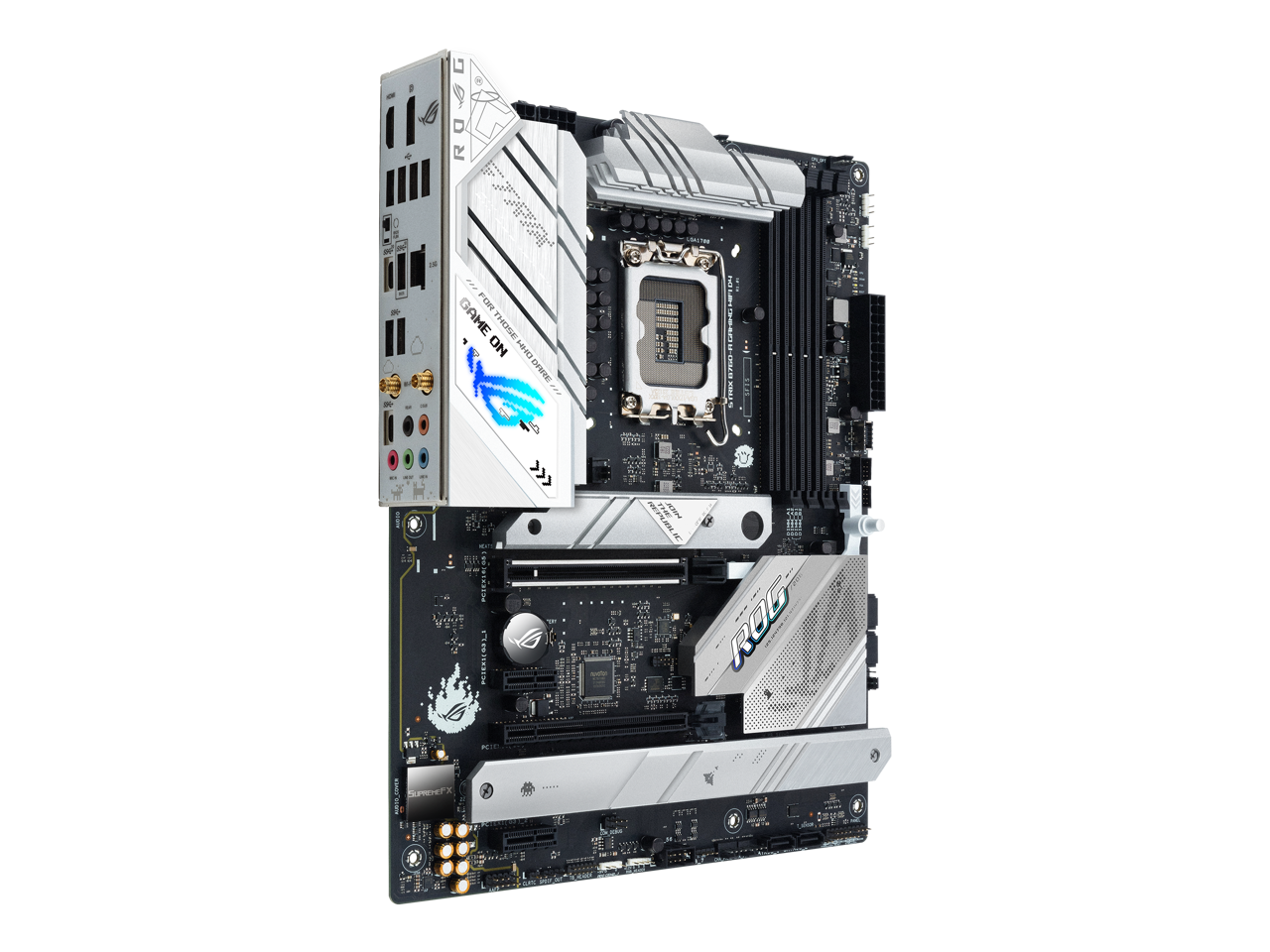 ASUS ROG Strix B760-A Gaming WiFi D4 Intel B760 (13th and 12th Gen) LGA 1700 white ATX motherboard, 12 + 1 power stages, DDR4, PCIe 5.0, three M.2 slots, WiFi 6E, USB 3.2 Gen 2x2 Type-C, and Aura Sync RGB