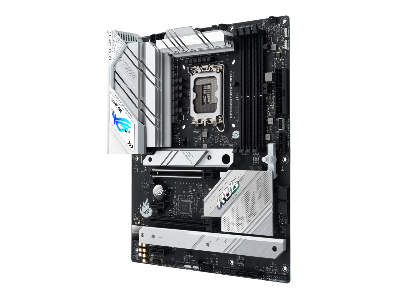 ASUS ROG Strix B760-A Gaming WiFi D4 Intel B760 (13th and 12th Gen) LGA 1700 white ATX motherboard, 12 + 1 power stages, DDR4, PCIe 5.0, three M.2 slots, WiFi 6E, USB 3.2 Gen 2x2 Type-C, and Aura Sync RGB