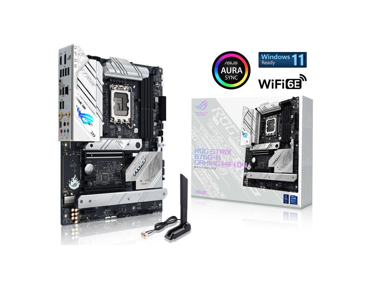 ASUS ROG Strix B760-A Gaming WiFi D4 Intel B760 (13th and 12th Gen) LGA 1700 white ATX motherboard, 12 + 1 power stages, DDR4, PCIe 5.0, three M.2 slots, WiFi 6E, USB 3.2 Gen 2x2 Type-C, and Aura Sync RGB