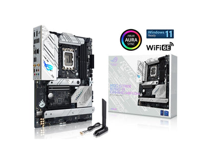 ASUS ROG Strix B760-A Gaming WiFi D4 Intel B760 (13th and 12th Gen) LGA 1700 white ATX motherboard, 12 + 1 power stages, DDR4, PCIe 5.0, three M.2 slots, WiFi 6E, USB 3.2 Gen 2x2 Type-C, and Aura Sync RGB
