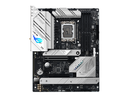 ASUS ROG Strix B760-A Gaming WiFi D4 Intel B760 (13th and 12th Gen) LGA 1700 white ATX motherboard, 12 + 1 power stages, DDR4, PCIe 5.0, three M.2 slots, WiFi 6E, USB 3.2 Gen 2x2 Type-C, and Aura Sync RGB
