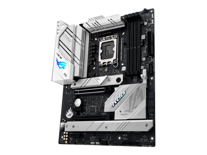 ASUS ROG Strix B760-A Gaming WiFi D4 Intel B760 (13th and 12th Gen) LGA 1700 white ATX motherboard, 12 + 1 power stages, DDR4, PCIe 5.0, three M.2 slots, WiFi 6E, USB 3.2 Gen 2x2 Type-C, and Aura Sync RGB
