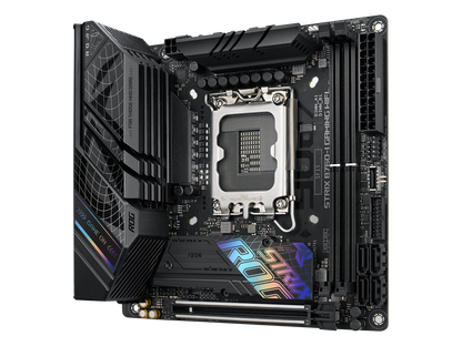 ASUS ROG Strix B760-I Gaming WiFi Intel B760(13th and 12th Gen) LGA 1700 mini-ITX motherboard, 8 + 1 power stages, DDR5 up to 7600 MT/s, PCIe 5.0, two M.2 slots, WiFi 6E, USB 3.2 Gen 2x2 Type-C, and Aura Sync RGB