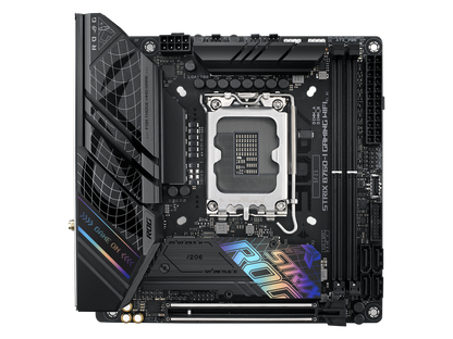 ASUS ROG Strix B760-I Gaming WiFi Intel B760(13th and 12th Gen) LGA 1700 mini-ITX motherboard, 8 + 1 power stages, DDR5 up to 7600 MT/s, PCIe 5.0, two M.2 slots, WiFi 6E, USB 3.2 Gen 2x2 Type-C, and Aura Sync RGB