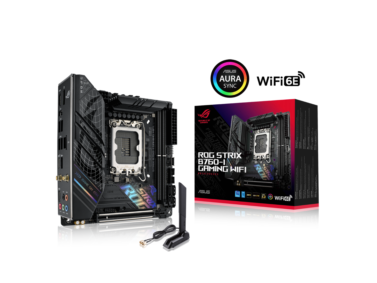 ASUS ROG Strix B760-I Gaming WiFi Intel B760(13th and 12th Gen) LGA 1700 mini-ITX motherboard, 8 + 1 power stages, DDR5 up to 7600 MT/s, PCIe 5.0, two M.2 slots, WiFi 6E, USB 3.2 Gen 2x2 Type-C, and Aura Sync RGB
