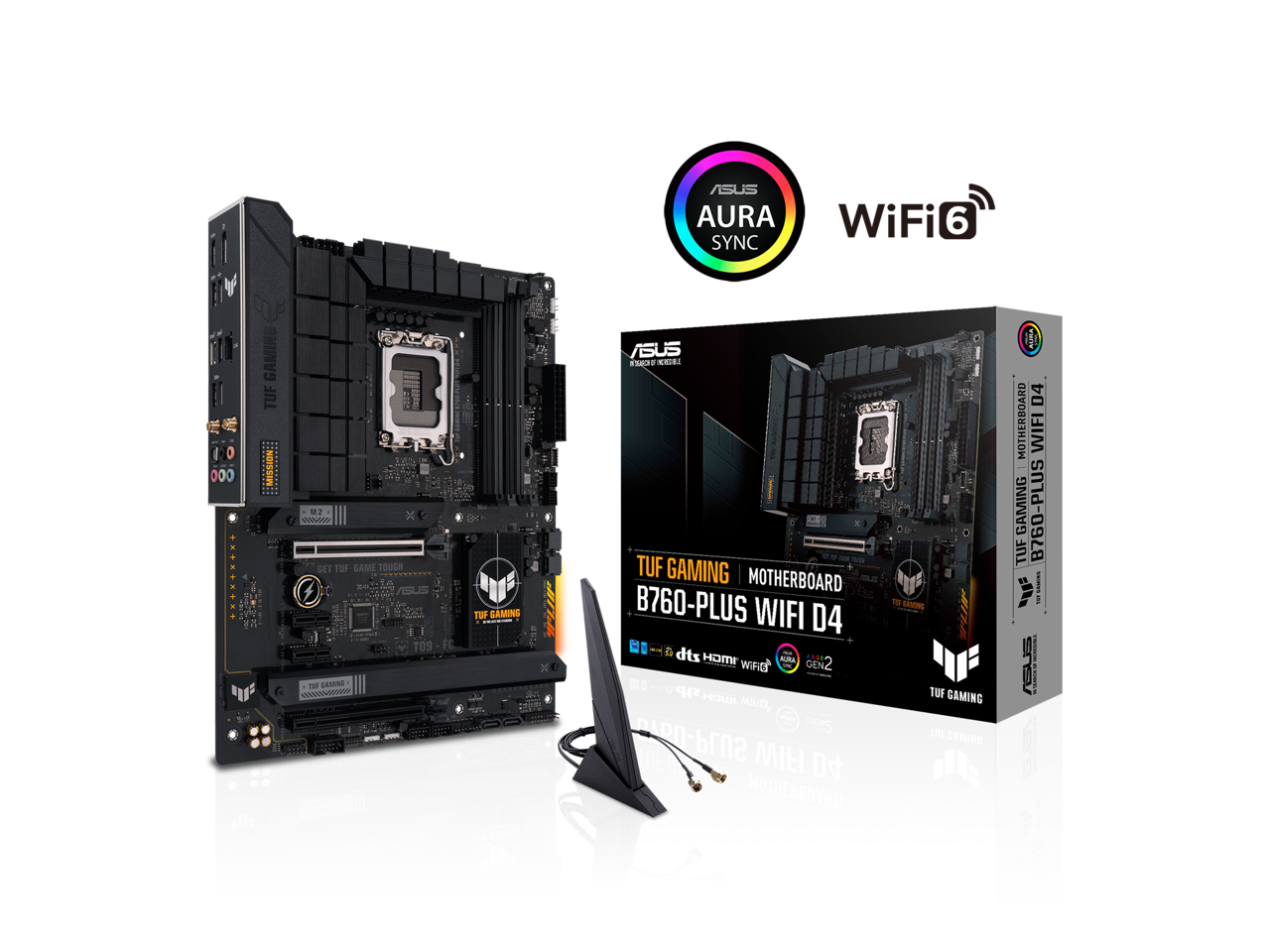 ASUS TUF GAMING B760-PLUS WIFI D4 Intel B760 (13th and 12th Gen) LGA 1700 ATX motherboard with PCIe 5.0, three PCIe 4.0 M.2 slots, DDR4, Realtek 2.5Gb Ethernet, DisplayPort, HDMI, SATA 6 Gbps, USB 3.2 Gen 2x2 Type-C