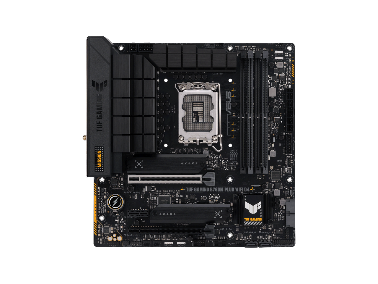 TUF GAMING B760M-PLUS WIFI D4 Intel B760 (13th and 12th Gen) LGA 1700 mATX motherboard, PCIe 5.0, two 4.0 M.2 slots, DDR4,WiFi 6, Realtek 2.5Gb Ethernet, DisplayPort, HDMI, SATA 6 Gbps, USB 3.2 Gen 2x2 Type-C, front USB 3.2 2 Gen 2x2 Type-C