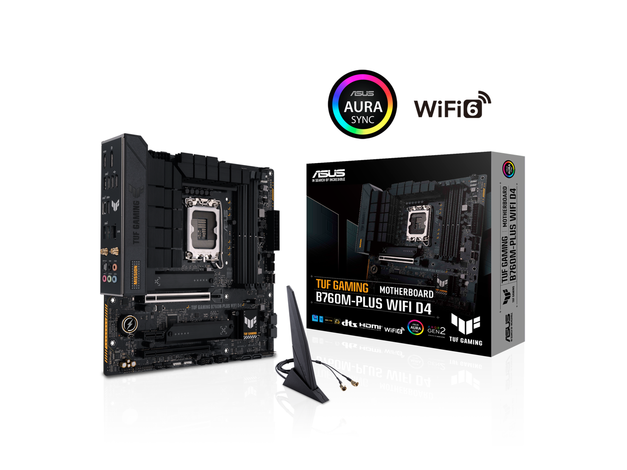 TUF GAMING B760M-PLUS WIFI D4 Intel B760 (13th and 12th Gen) LGA 1700 mATX motherboard, PCIe 5.0, two 4.0 M.2 slots, DDR4,WiFi 6, Realtek 2.5Gb Ethernet, DisplayPort, HDMI, SATA 6 Gbps, USB 3.2 Gen 2x2 Type-C, front USB 3.2 2 Gen 2x2 Type-C