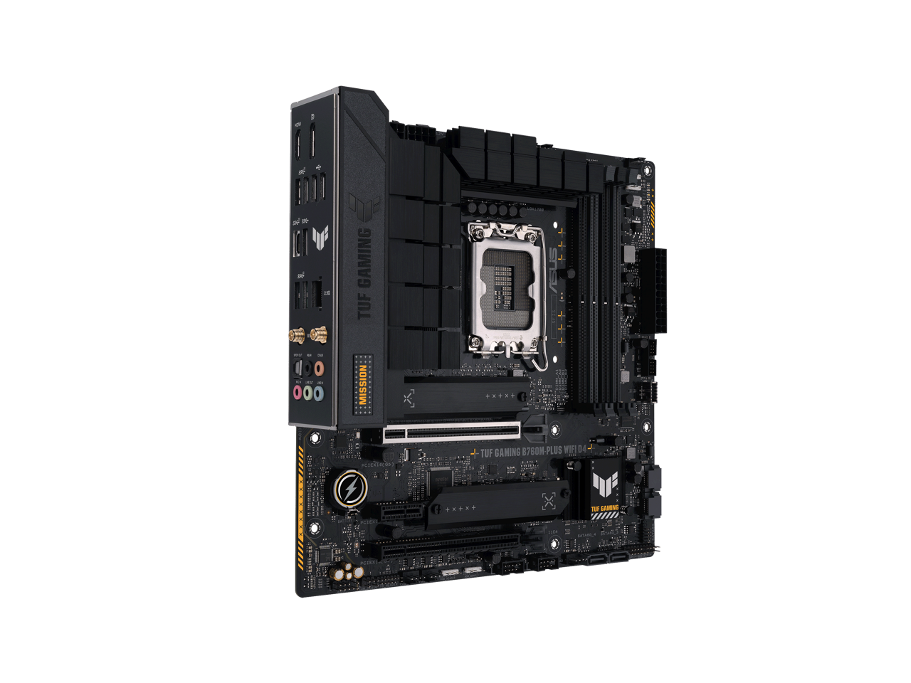TUF GAMING B760M-PLUS WIFI D4 Intel B760 (13th and 12th Gen) LGA 1700 mATX motherboard, PCIe 5.0, two 4.0 M.2 slots, DDR4,WiFi 6, Realtek 2.5Gb Ethernet, DisplayPort, HDMI, SATA 6 Gbps, USB 3.2 Gen 2x2 Type-C, front USB 3.2 2 Gen 2x2 Type-C