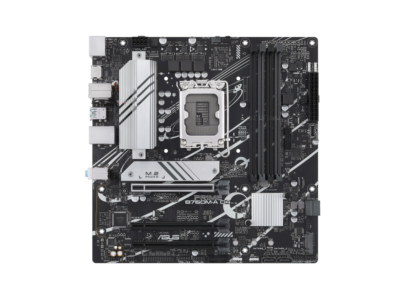 ASUS PRIME B760M-A D4 Intel B760 (LGA 1700)(13th and 12th Gen) mATX motherboard, PCIe 4.0, two M.2 slots, Realtek 2.5Gb Ethernet, DisplayPort, Dual HDMI, SATA 6 Gbps, rear USB 3.2 Gen 2, front USB 3.2 Gen 1 Type-C, Aura Sync