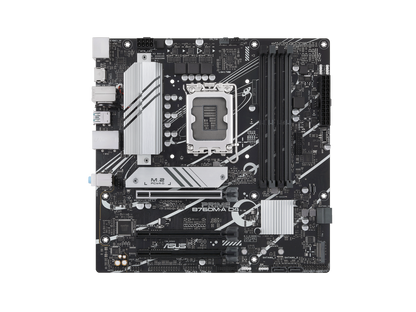 ASUS PRIME B760M-A D4 Intel B760 (LGA 1700)(13th and 12th Gen) mATX motherboard, PCIe 4.0, two M.2 slots, Realtek 2.5Gb Ethernet, DisplayPort, Dual HDMI, SATA 6 Gbps, rear USB 3.2 Gen 2, front USB 3.2 Gen 1 Type-C, Aura Sync