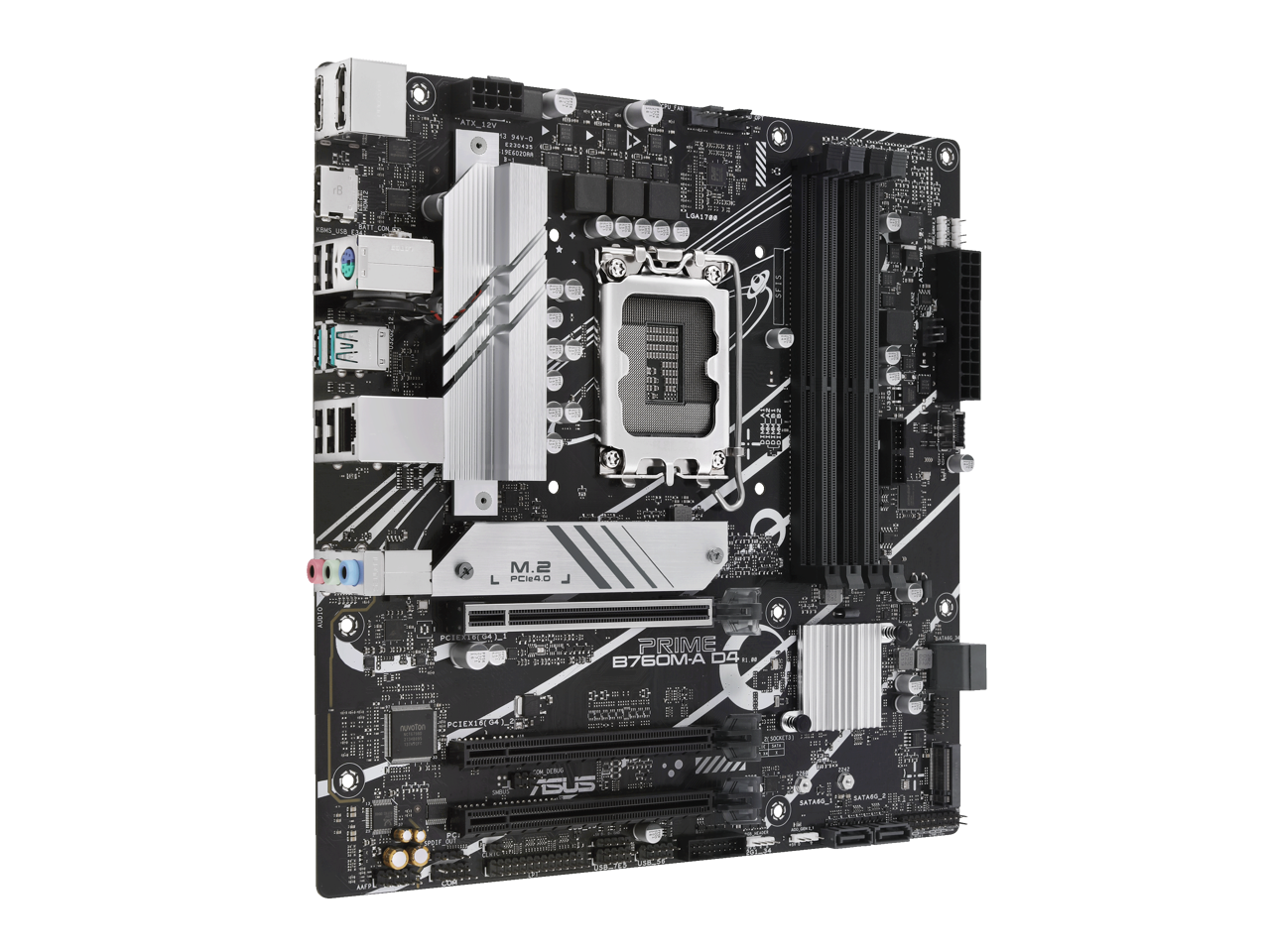 ASUS PRIME B760M-A D4 Intel B760 (LGA 1700)(13th and 12th Gen) mATX motherboard, PCIe 4.0, two M.2 slots, Realtek 2.5Gb Ethernet, DisplayPort, Dual HDMI, SATA 6 Gbps, rear USB 3.2 Gen 2, front USB 3.2 Gen 1 Type-C, Aura Sync