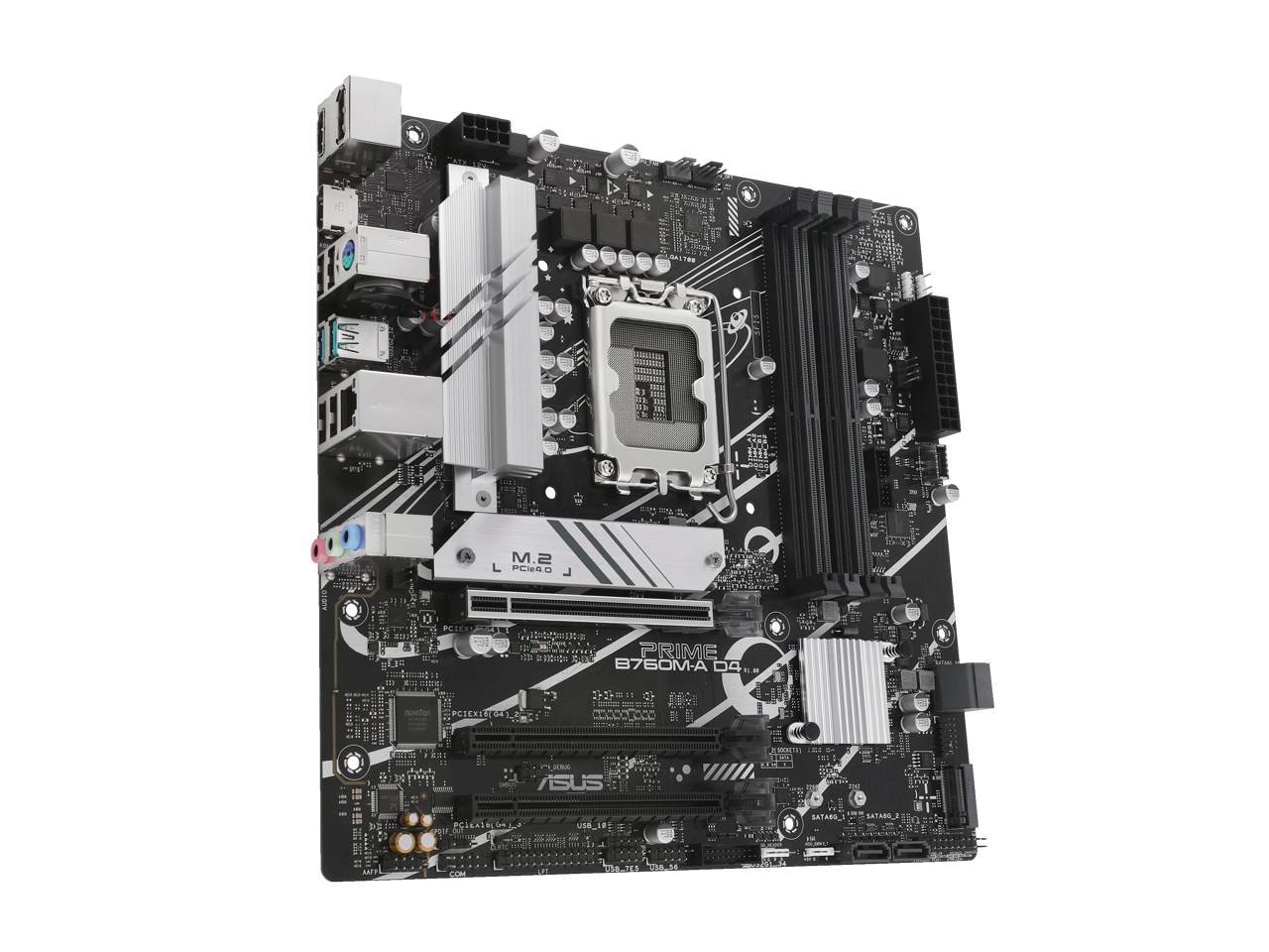 ASUS PRIME B760M-A D4 Intel B760 (LGA 1700)(13th and 12th Gen) mATX motherboard, PCIe 4.0, two M.2 slots, Realtek 2.5Gb Ethernet, DisplayPort, Dual HDMI, SATA 6 Gbps, rear USB 3.2 Gen 2, front USB 3.2 Gen 1 Type-C, Aura Sync