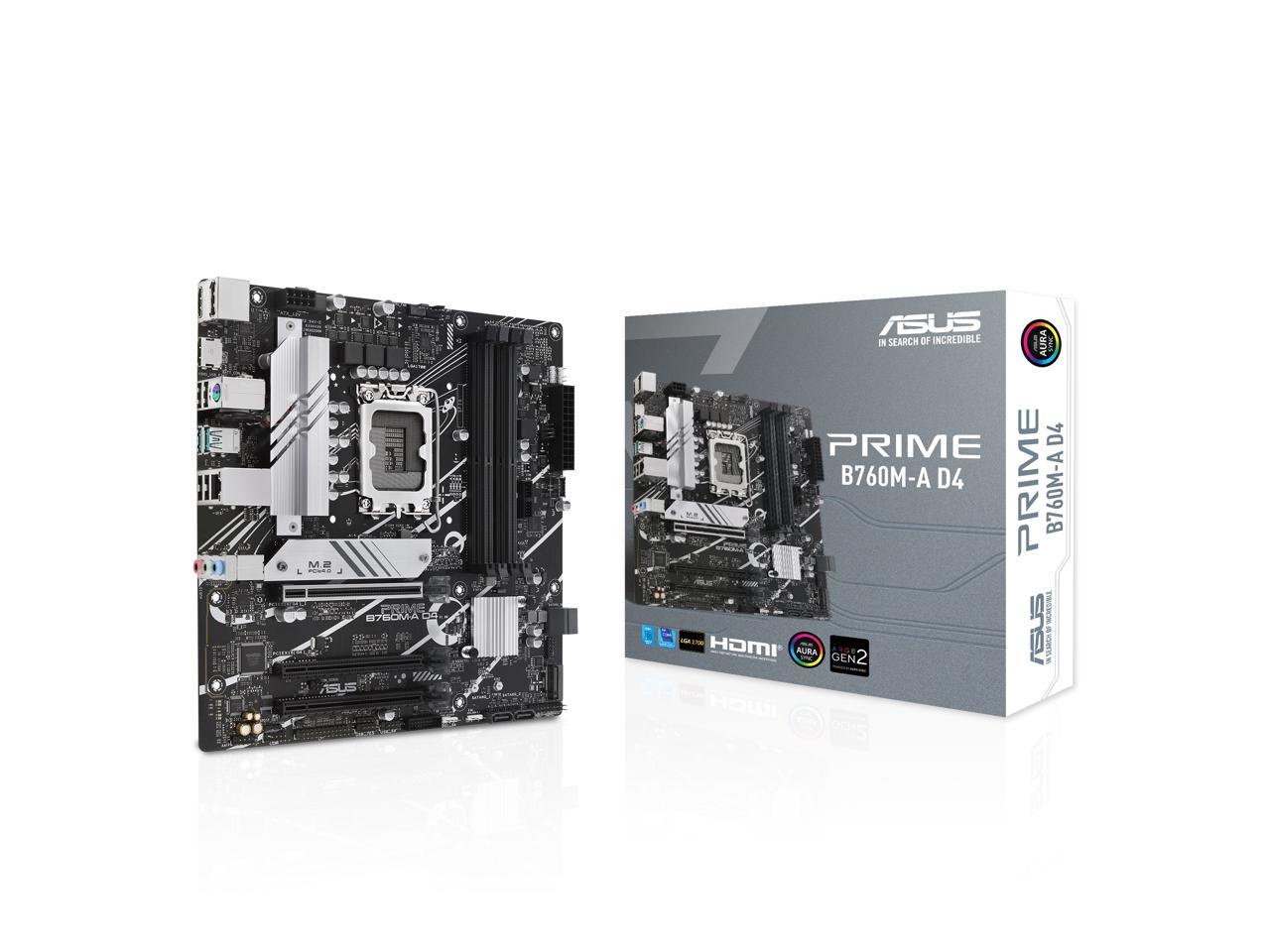 ASUS PRIME B760M-A D4 Intel B760 (LGA 1700)(13th and 12th Gen) mATX motherboard, PCIe 4.0, two M.2 slots, Realtek 2.5Gb Ethernet, DisplayPort, Dual HDMI, SATA 6 Gbps, rear USB 3.2 Gen 2, front USB 3.2 Gen 1 Type-C, Aura Sync