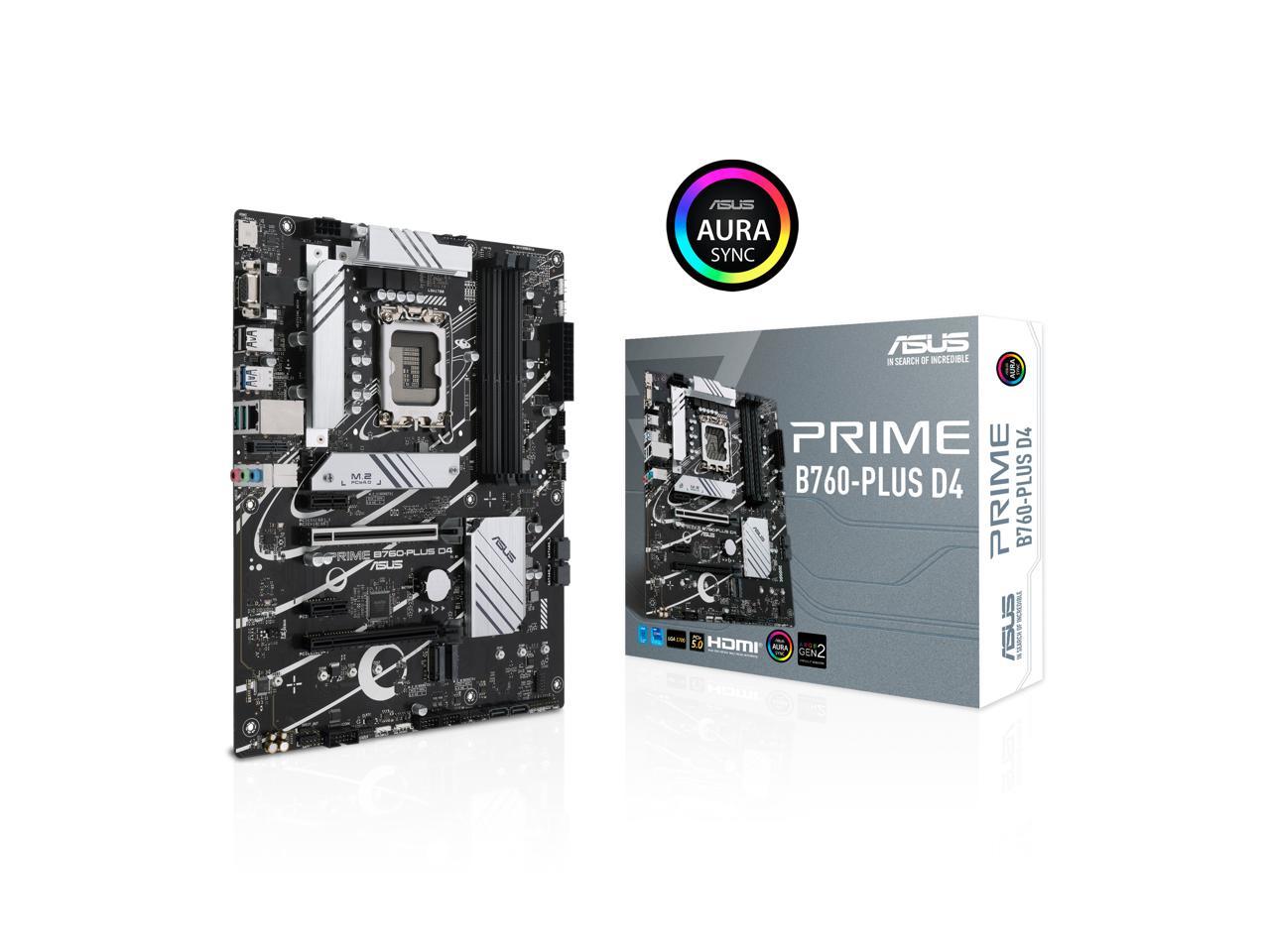 ASUS Prime B760-PLUS D4 Intel B760(13th and 12th Gen) LGA 1700 ATX motherboard with PCIe 5.0, three PCIe 4.0 M.2 slots, DDR4, Realtek 2.5Gb Ethernet, DisplayPort, VGA, HDMI, SATA 6 Gbps, USB 3.2 Gen 2x2 Type-C, front USB 3.2 Gen 1 Type-C