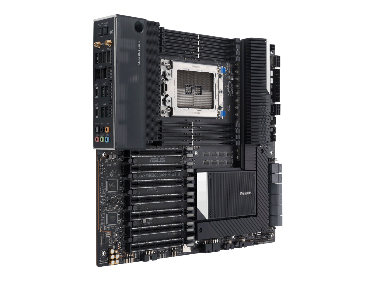 ASUS Pro WS WRX80E-SAGE SE WIFI II AMD WRX80 Ryzen Threadripper PRO EATX workstation motherboard with Intel dual 10 G LAN, USB 3.2 Gen 2x2 Type-C port, 7 x PCIe 4.0 x16 slots, 3 x M.2 PCIe 4.0, ASMB9-iKVM, 2 x U.2 and 16 power stages