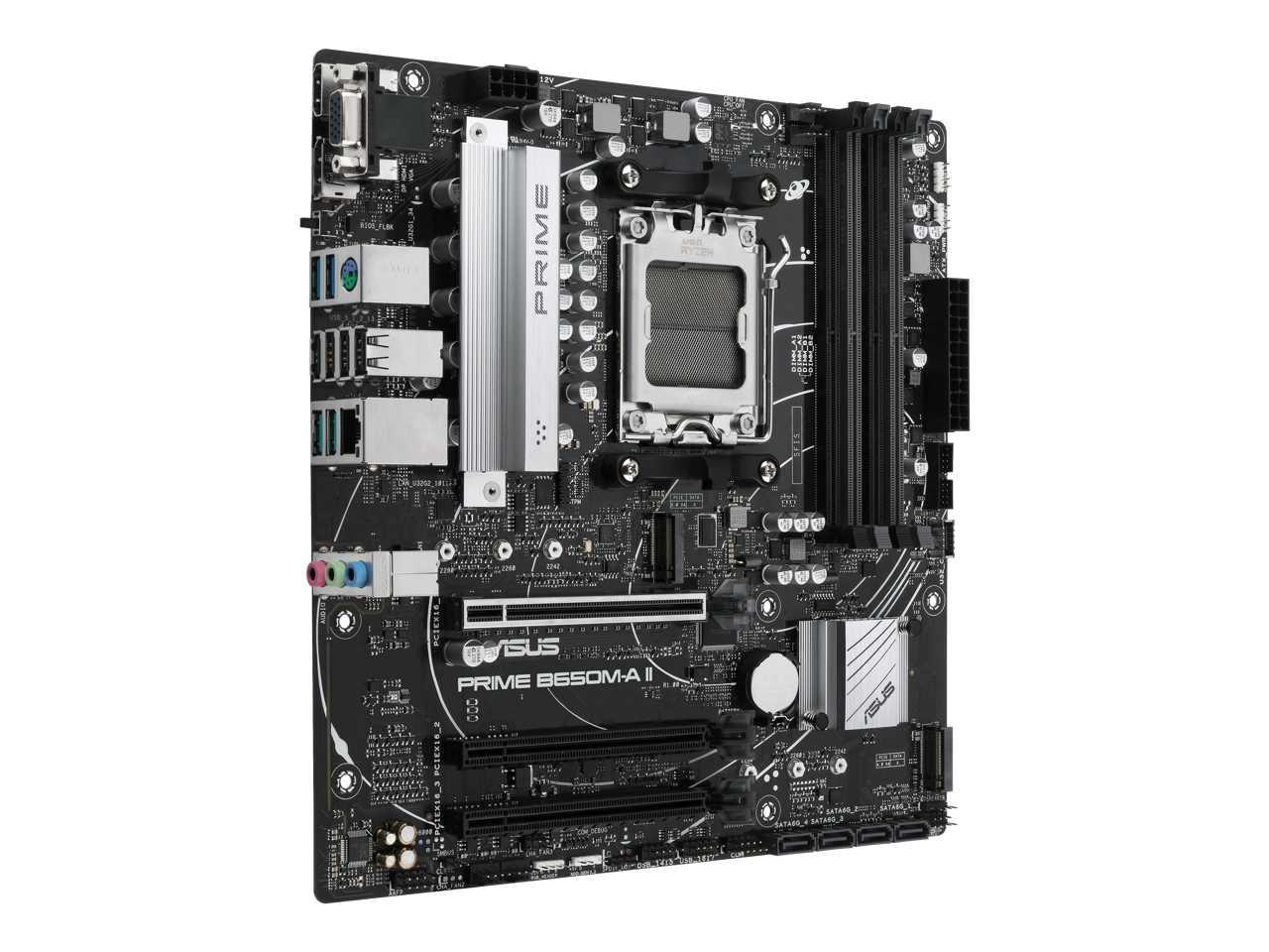 ASUS PRIME B650M-A II-CSM Micro-ATX commercial motherboard, DDR5 6400+(OC), PCIe 5.0 M.2 support, Realtek 2.5Gb Ethernet, DisplayPort, VGA, HDMI, SATA 6 Gbps, USB 3.2 Gen 2 ports, front USB 3.2 Gen 1 Type-C, BIOS FlashBack, Arua Sync