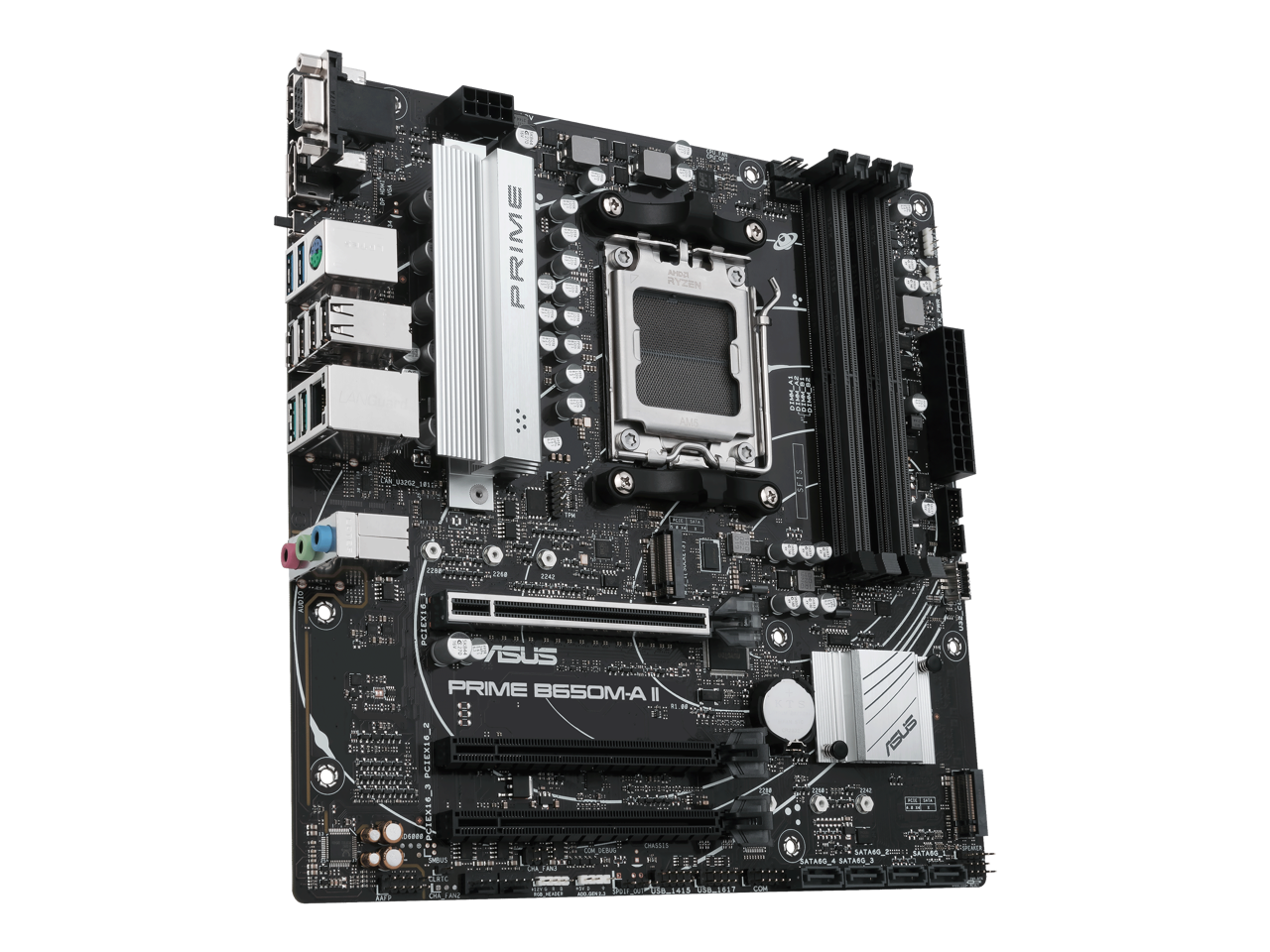 ASUS PRIME B650M-A II-CSM Micro-ATX commercial motherboard, DDR5 6400+(OC), PCIe 5.0 M.2 support, Realtek 2.5Gb Ethernet, DisplayPort, VGA, HDMI, SATA 6 Gbps, USB 3.2 Gen 2 ports, front USB 3.2 Gen 1 Type-C, BIOS FlashBack, Arua Sync