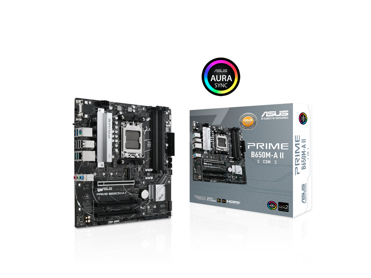 ASUS PRIME B650M-A II-CSM Micro-ATX commercial motherboard, DDR5 6400+(OC), PCIe 5.0 M.2 support, Realtek 2.5Gb Ethernet, DisplayPort, VGA, HDMI, SATA 6 Gbps, USB 3.2 Gen 2 ports, front USB 3.2 Gen 1 Type-C, BIOS FlashBack, Arua Sync