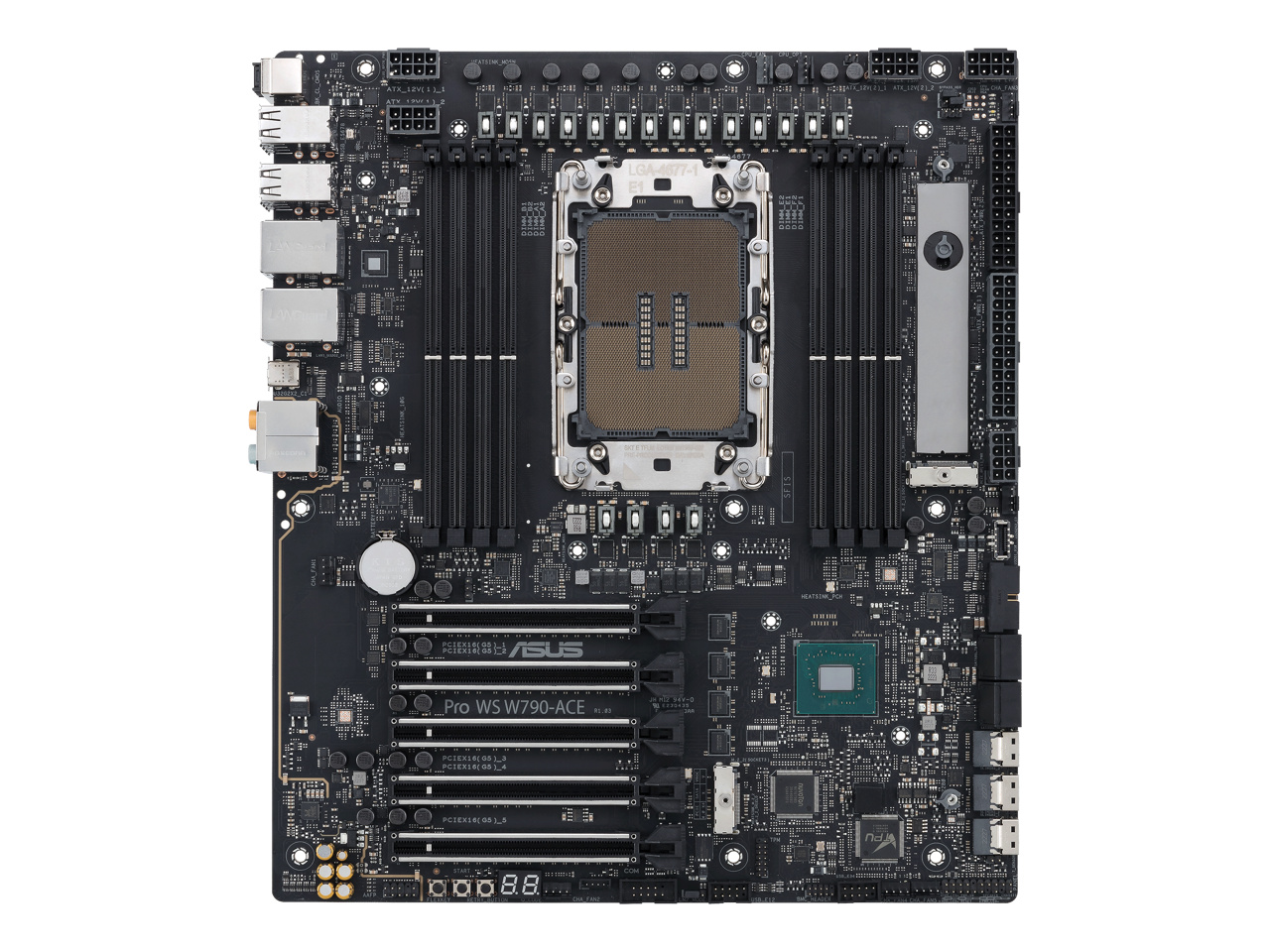 ASUS Pro WS W790-ACE Intel® W790 (LGA 4677) CEB workstation motherboard, PCIe 5.0 x16, M.2, 10G and 2.5G LAN, Server-grade Remote Management, 12+1+1 power stages, front and Rear USB 3.2 Gen 2x2 Type-C