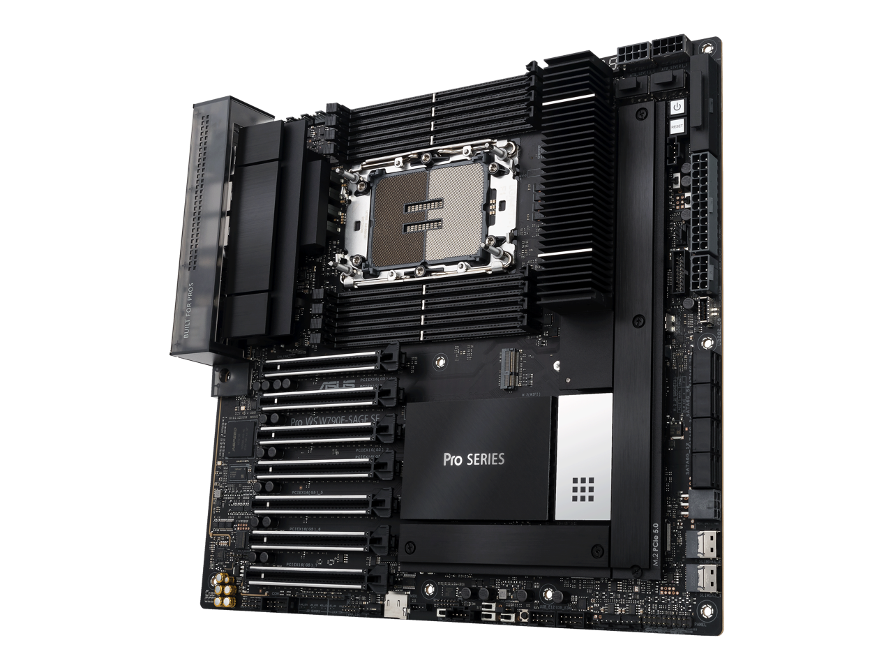 ASUS Pro WS W790 SAGE SE Intel W790 (LGA 4677) CEB, PCIe 5.0,7 PCIe 5.0 x16 slots,M.2 PCIe 4.0 slots,12+1+1 DrMOS, DDR5 R-DIMM, Dual 10G BMC LAN, LAN Server-grade Remote Management, 14+1+1 power stages, front and Rear USB 3.2 Gen 2x2 Type C