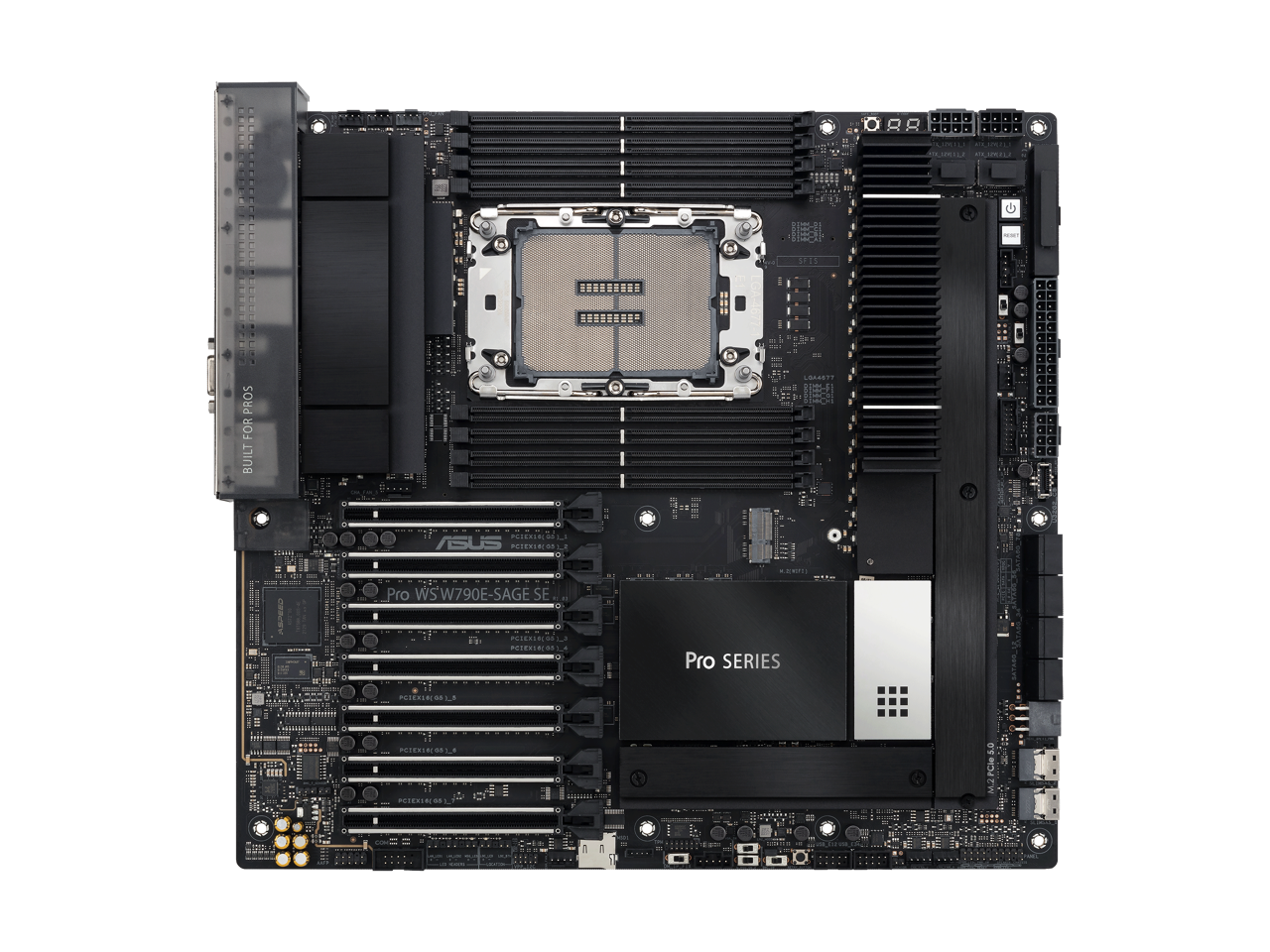 ASUS Pro WS W790 SAGE SE Intel W790 (LGA 4677) CEB, PCIe 5.0,7 PCIe 5.0 x16 slots,M.2 PCIe 4.0 slots,12+1+1 DrMOS, DDR5 R-DIMM, Dual 10G BMC LAN, LAN Server-grade Remote Management, 14+1+1 power stages, front and Rear USB 3.2 Gen 2x2 Type C