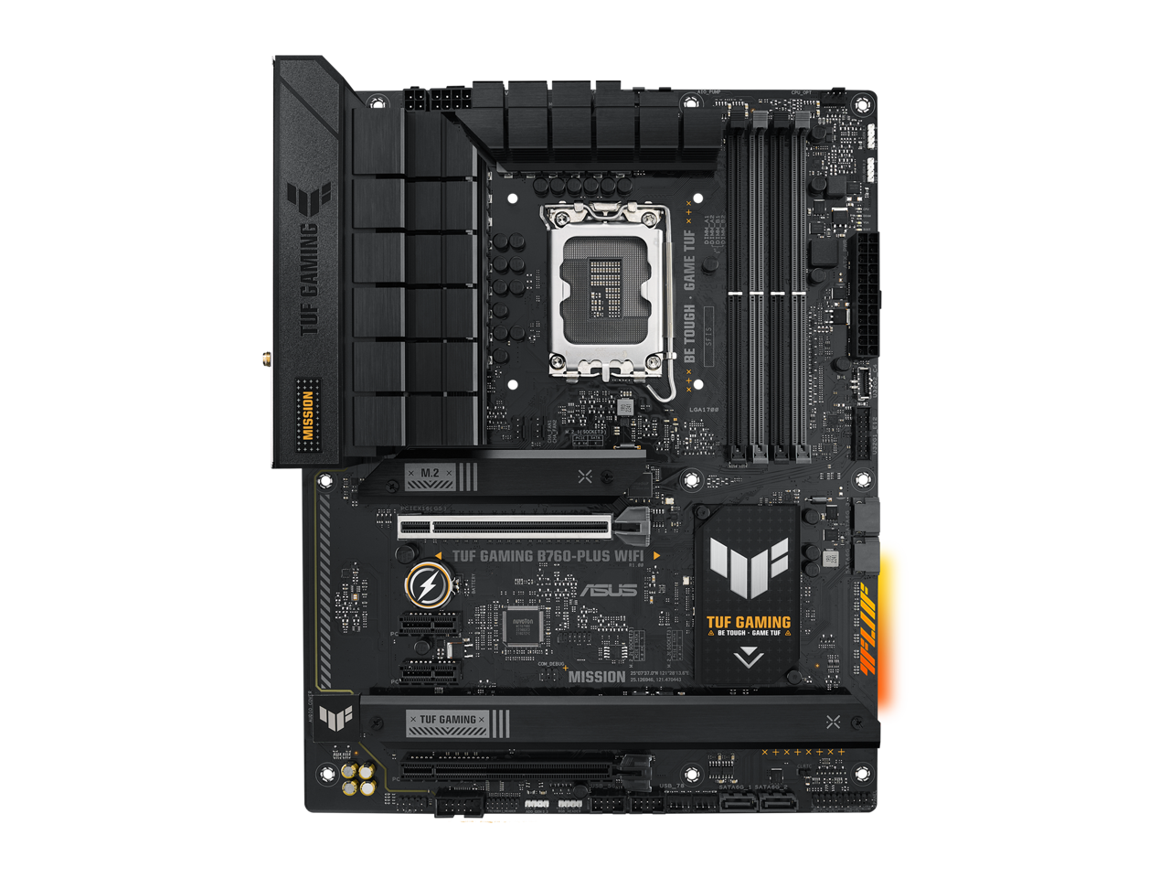 ASUS TUF GAMING B760-PLUS WIFI Intel B760 (13th and 12th Gen) LGA 1700 ATX motherboard with PCIe 5.0, three PCIe 4.0 M.2 slots, DDR5, Realtek 2.5Gb Ethernet, DisplayPort, HDMI, SATA 6 Gbps, USB 3.2 Gen 2x2 Type-C, front USB 3.2 Gen 2 Type C