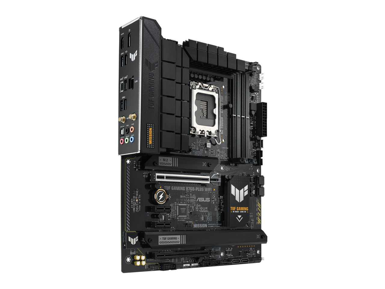 ASUS TUF GAMING B760-PLUS WIFI Intel B760 (13th and 12th Gen) LGA 1700 ATX motherboard with PCIe 5.0, three PCIe 4.0 M.2 slots, DDR5, Realtek 2.5Gb Ethernet, DisplayPort, HDMI, SATA 6 Gbps, USB 3.2 Gen 2x2 Type-C, front USB 3.2 Gen 2 Type C