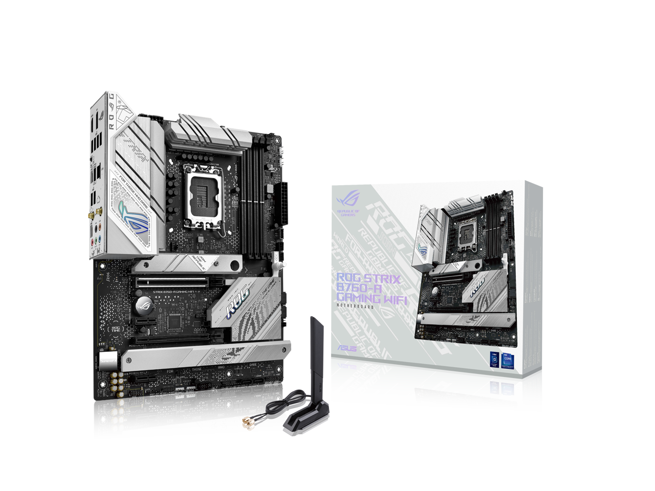 ASUS ROG Strix B760-A Gaming WiFi Intel B760 (13th and 12th Gen) LGA 1700 white ATX motherboard, 12 + 1 power stages, DDR5, PCIe 5.0,three M.2 slots, WiFi 6E, USB 3.2 Gen 2x2 Type-C, and Aura Sync RGB