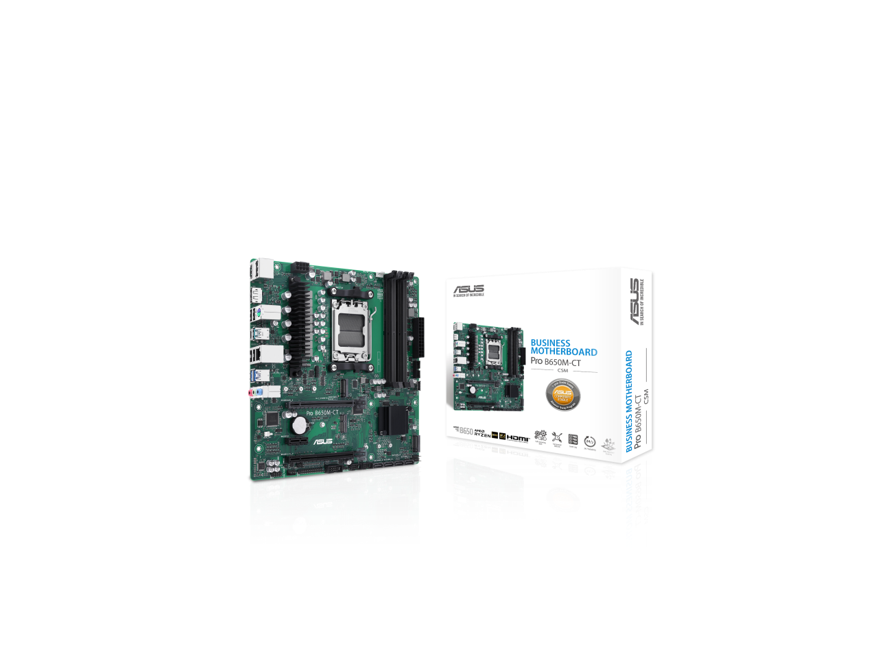 ASUS Pro B650M-CT-CSM AMD B650(Ryzen 7000) Micro-ATX Commercial motherboard(DDR5,2xM.2 slots, PCIe 5.0 M.2 slot, USB 3.2 Gen 2 ports, front USB 3.2 Gen 1 Type-C, TPM IC onboard, M.2 Key E slot, Q-LED Core, Mono-out header (with Amp IC),