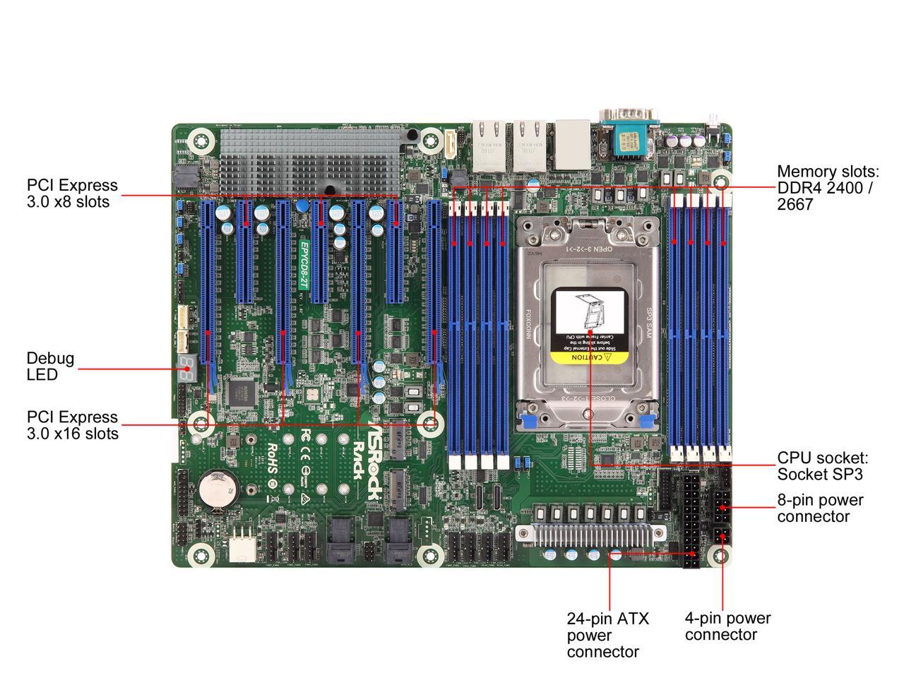 ASRock EPYCD8-2T ATX Server Motherboard AMD EPYC 7002/7001 (Naples/Rome) Series SP3 LGA4094 Dual 10 GLAN
