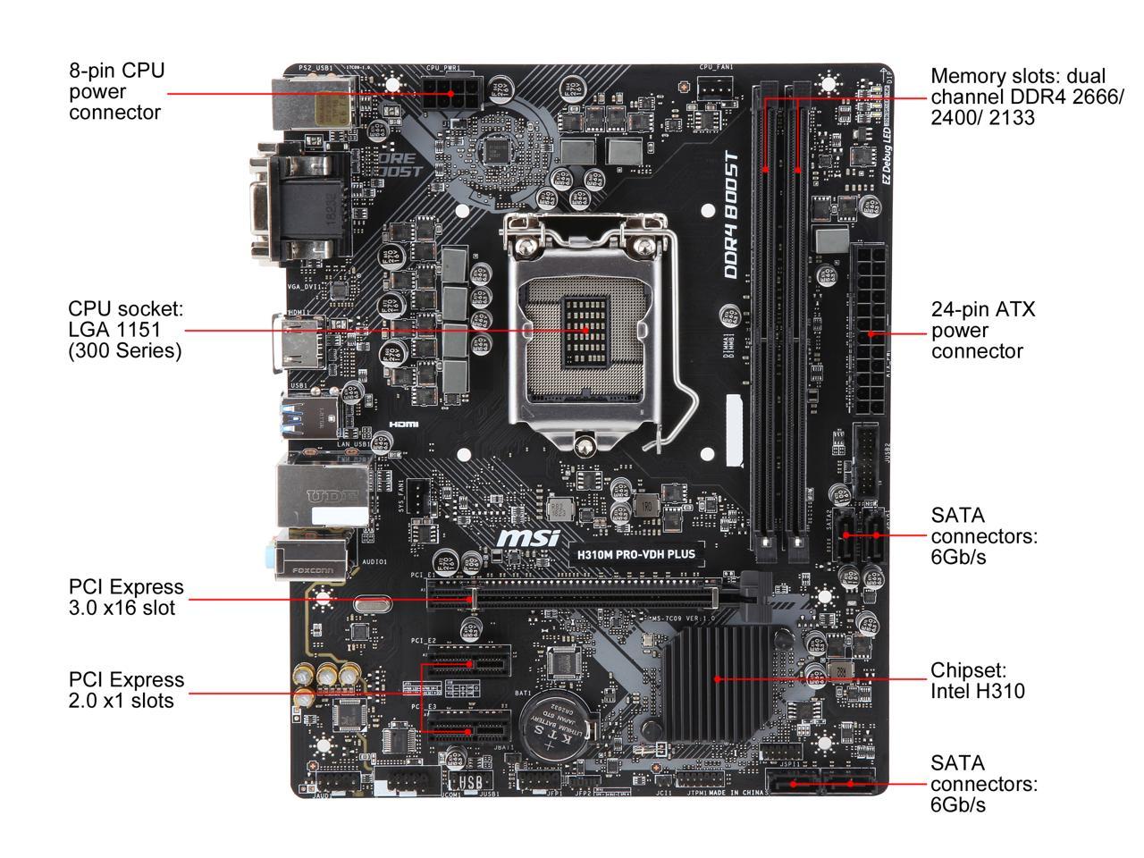 MSI PRO H310M PRO-VDH PLUS LGA 1151 (300 Series) Intel H310 HDMI SATA 6Gb/s USB 3.1 Micro ATX Intel Motherboard