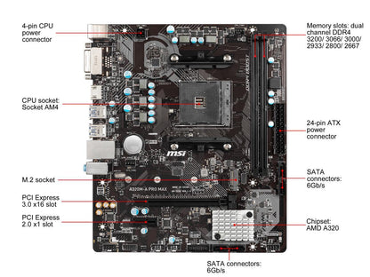 MSI A320M-A PRO MAX AM4 AMD A320 SATA 6Gb/s Micro ATX AMD Motherboard