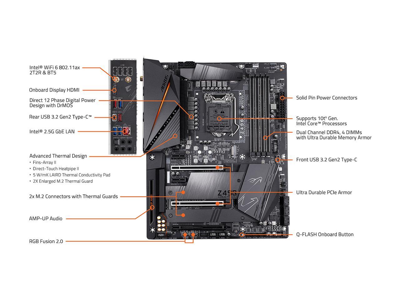 GIGABYTE Z490 AORUS PRO AX LGA 1200 Intel Z490 ATX Motherboard with Dual M.2, SATA 6Gb/s, USB 3.2 Gen 2, WIFI 6, 2.5 GbE LAN