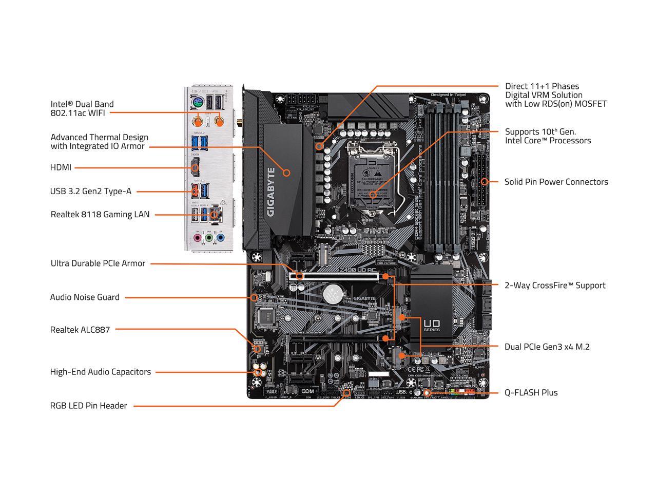 GIGABYTE Z490 UD AC LGA 1200 Intel Z490 ATX Motherboard with Dual M.2, SATA 6Gb/s, USB 3.2 Gen 2, Intel 802.11ac