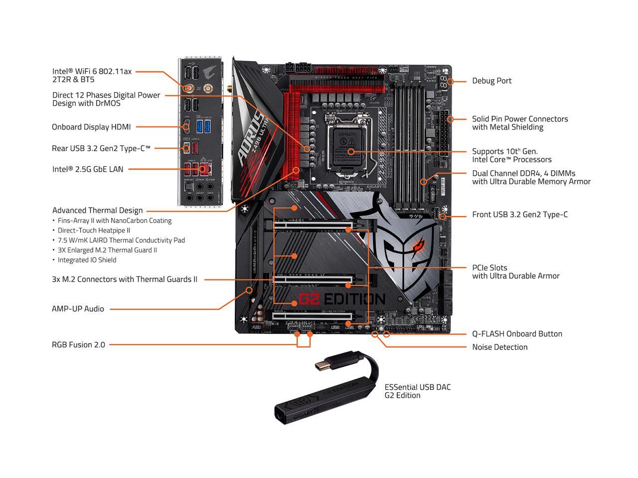 GIGABYTE Z490 AORUS ULTRA-GU (G2 Edition) LGA 1200 Intel Z490 ATX Motherboard with Triple M.2, SATA 6Gb/s, USB 3.2 Gen 2, WIFI 6, 2.5 GbE LAN, ESSential USB DAC