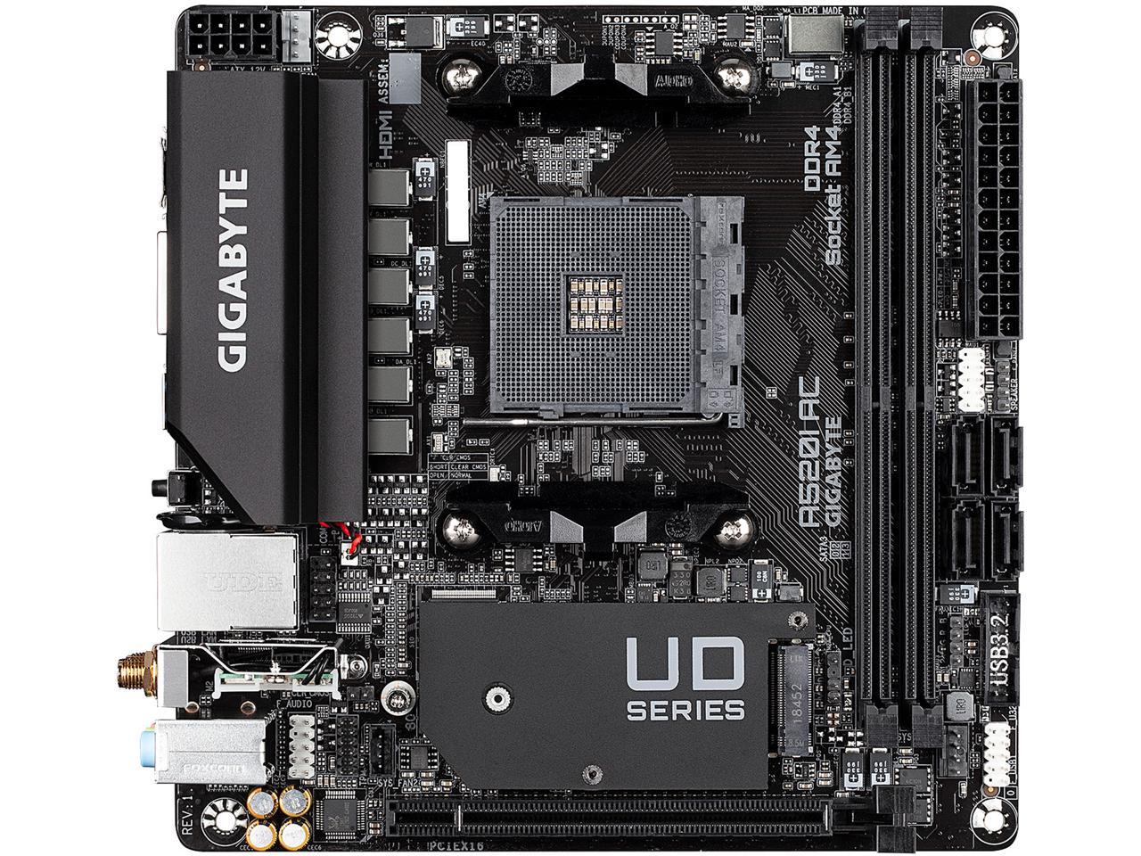 GIGABYTE A520I AC mITX AM4 Direct 6 Phases Digital PWM with 55A DrMOS, GIGABYTE Gaming GbE LAN, Intel WiFi+Bluetooth, NVMe PCIe 3.0 x4 M.2, 3 Display Interfaces, Q-Flash Plus, RGB Fusion 2.0, Motherboard