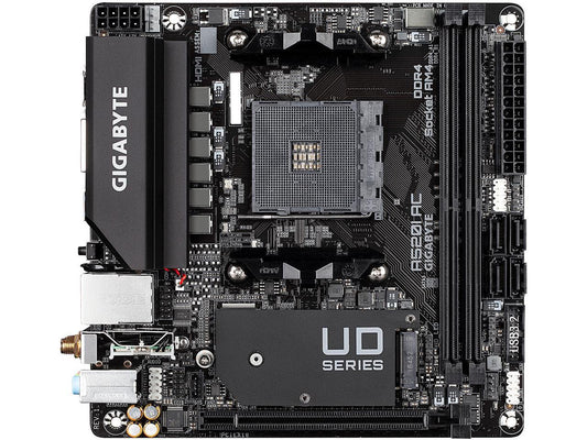GIGABYTE A520I AC mITX AM4 Direct 6 Phases Digital PWM with 55A DrMOS, GIGABYTE Gaming GbE LAN, Intel WiFi+Bluetooth, NVMe PCIe 3.0 x4 M.2, 3 Display Interfaces, Q-Flash Plus, RGB Fusion 2.0, Motherboard