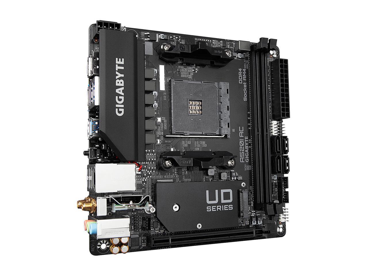 GIGABYTE A520I AC mITX AM4 Direct 6 Phases Digital PWM with 55A DrMOS, GIGABYTE Gaming GbE LAN, Intel WiFi+Bluetooth, NVMe PCIe 3.0 x4 M.2, 3 Display Interfaces, Q-Flash Plus, RGB Fusion 2.0, Motherboard