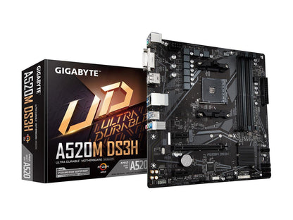 GIGABYTE A520M DS3H mATX AM4 5+3 Phases Digital PWM, GIGABYTE Gaming GbE LAN, NVMe PCIe 3.0 x4 M.2, 3 Display Interfaces, Q-Flash Plus, RGB Fusion 2.0, Motherboard