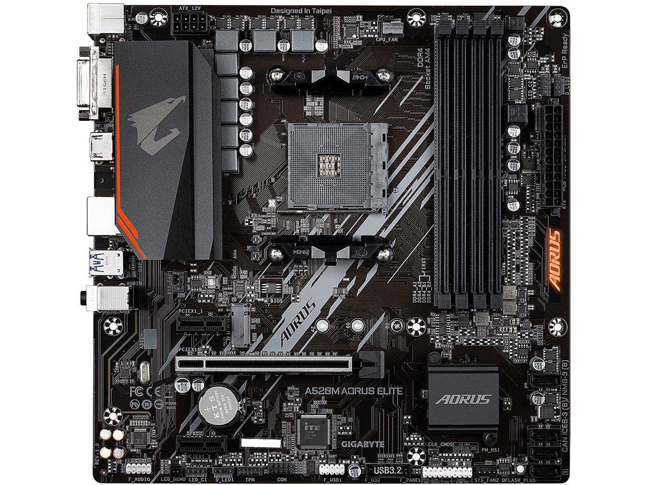 GIGABYTE A520M AORUS ELITE mATX AM4 5+3 Phases Digital PWM, GIGABYTE Gaming GbE LAN, NVMe PCIe 3.0 x4 M.2, 2 Display Interfaces, Q-Flash Plus, RGB Fusion 2.0, Motherboard