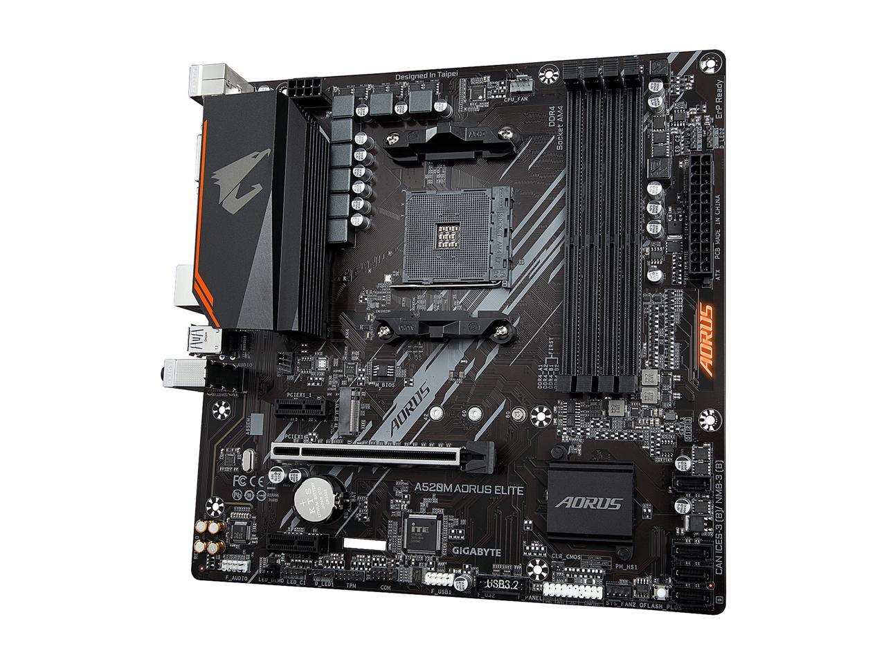 GIGABYTE A520M AORUS ELITE mATX AM4 5+3 Phases Digital PWM, GIGABYTE Gaming GbE LAN, NVMe PCIe 3.0 x4 M.2, 2 Display Interfaces, Q-Flash Plus, RGB Fusion 2.0, Motherboard