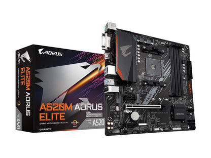 GIGABYTE A520M AORUS ELITE mATX AM4 5+3 Phases Digital PWM, GIGABYTE Gaming GbE LAN, NVMe PCIe 3.0 x4 M.2, 2 Display Interfaces, Q-Flash Plus, RGB Fusion 2.0, Motherboard