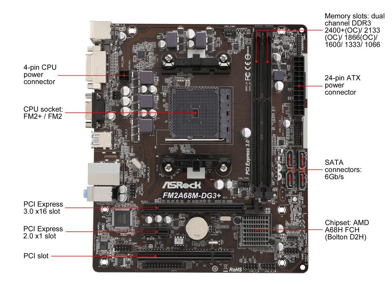 ASRock FM2A68M-DG3+ FM2+ / FM2 AMD A68H FCH (Bolton D2H) SATA 6Gb/s USB 3.0 Micro ATX AMD Motherboard